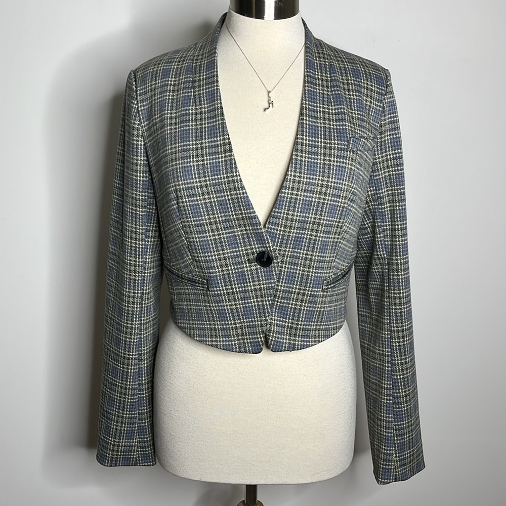 NWT ANTHROPOLOGIE Plaid Single Button Cropped Blazer Sz 4